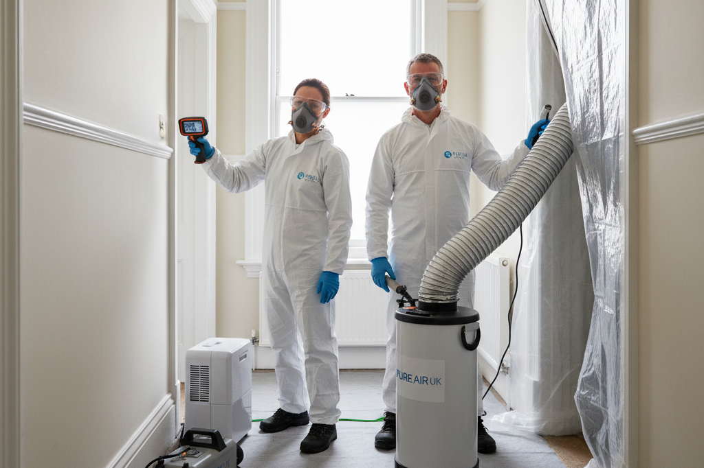 Two mould technicians in branded PPE with HEPA equipment in a London home