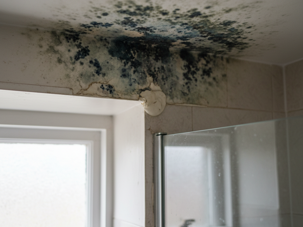 Black mould on a bathroom ceiling and sealant before treatment