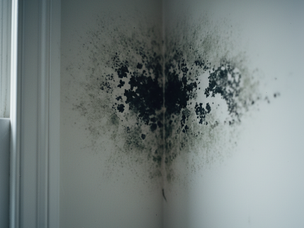 Black mould in a bedroom wall corner before treatment