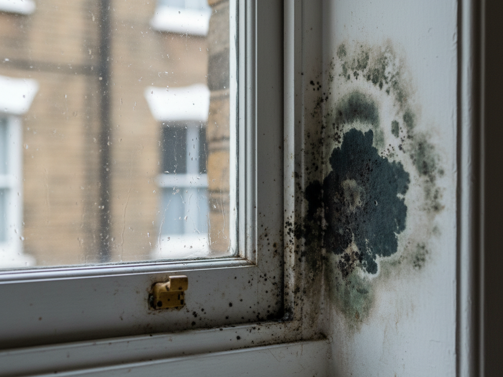 Before — Sash window reveal — mould and damp tide-mark cleared and restored