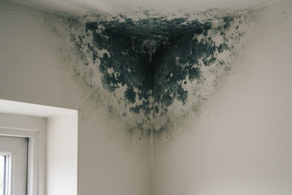 Black mould spreading across a ceiling-to-wall corner in a London bedroom