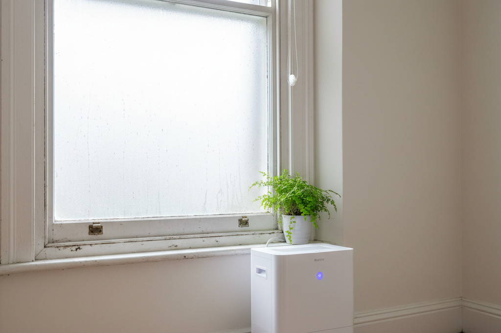 Condensation and early mould on a period sash window with a dehumidifier running nearby