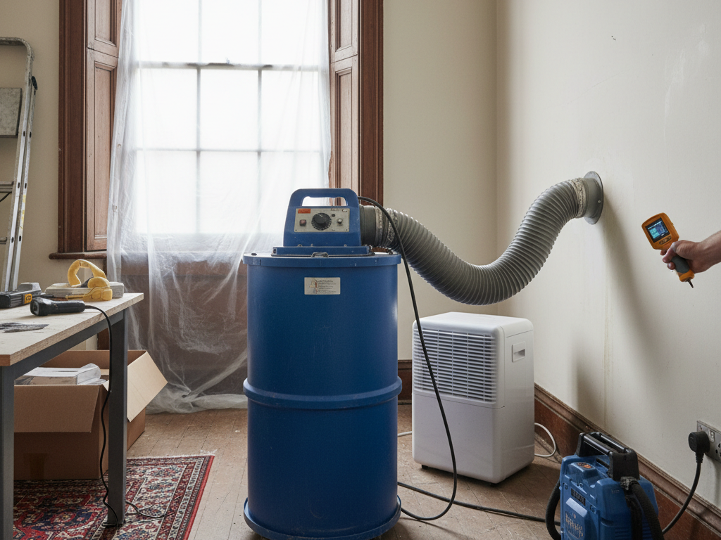 A HEPA air scrubber running during remediation
