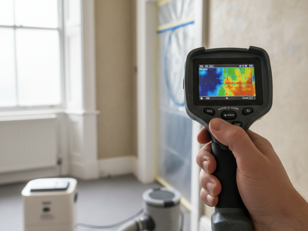 A thermal-imaging camera showing a damp patch behind plaster