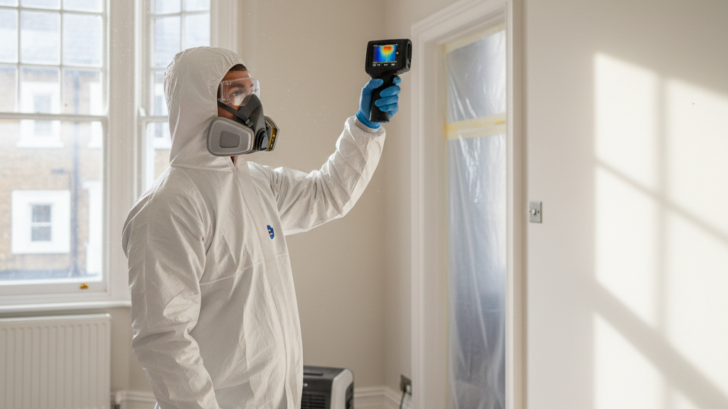 A mould technician in protective equipment surveying a bright London period room with a thermal imaging camera
