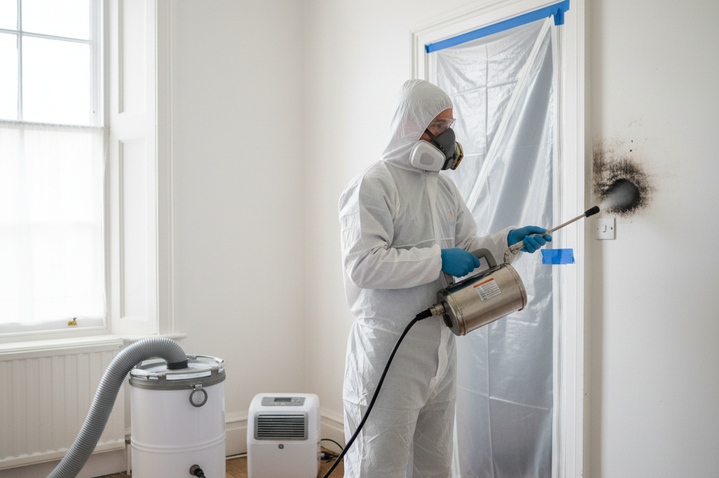 Technician removing black mould beside a HEPA air scrubber and containment sheeting
