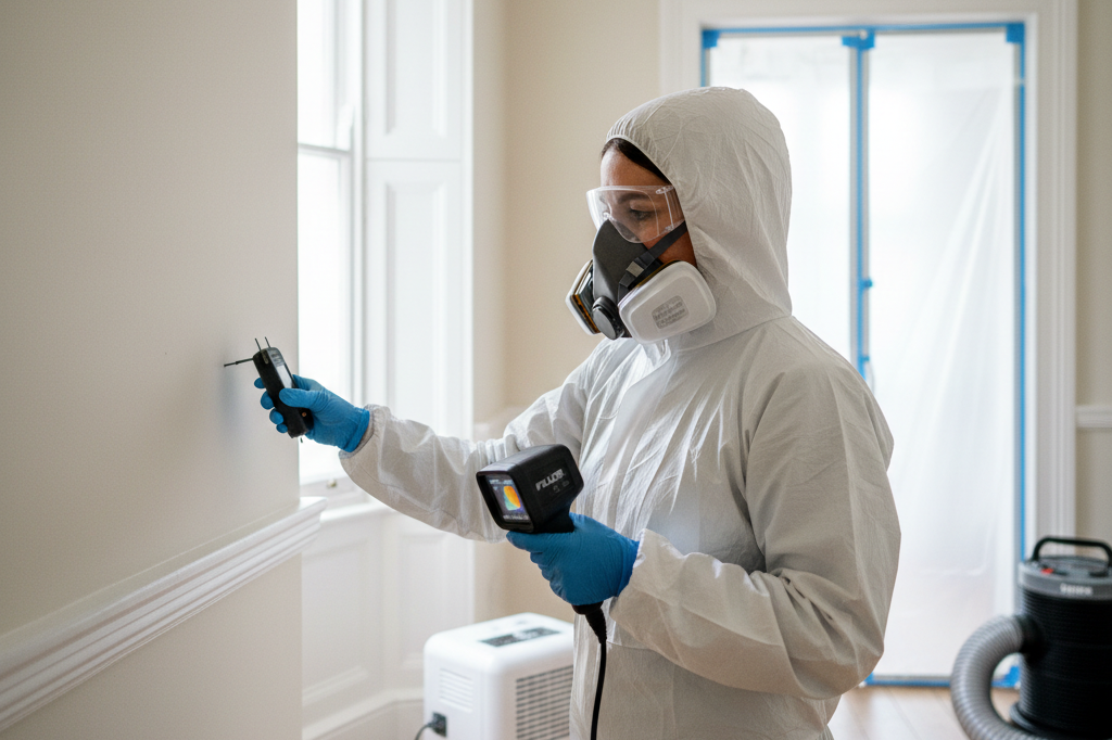 A mould technician taking a moisture-meter reading against a London plaster wall