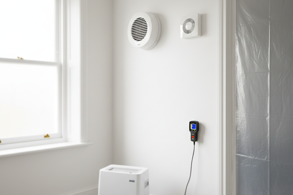 A positive-input ventilation unit and extractor fan in a bright, clean bathroom